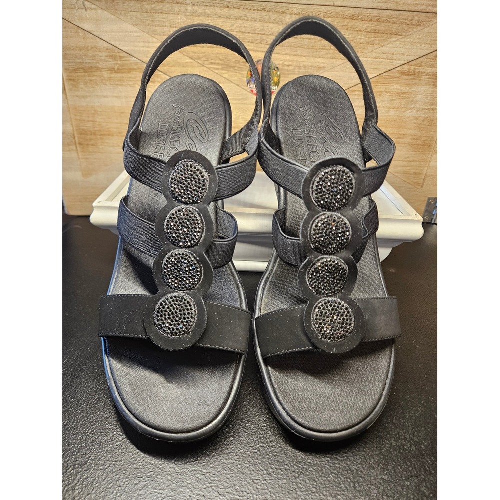 Skechers Sandals Women 10 Black Cali Rumbler Glam Wedge Stretch Rhinestone #710 - Picture 2 of 8